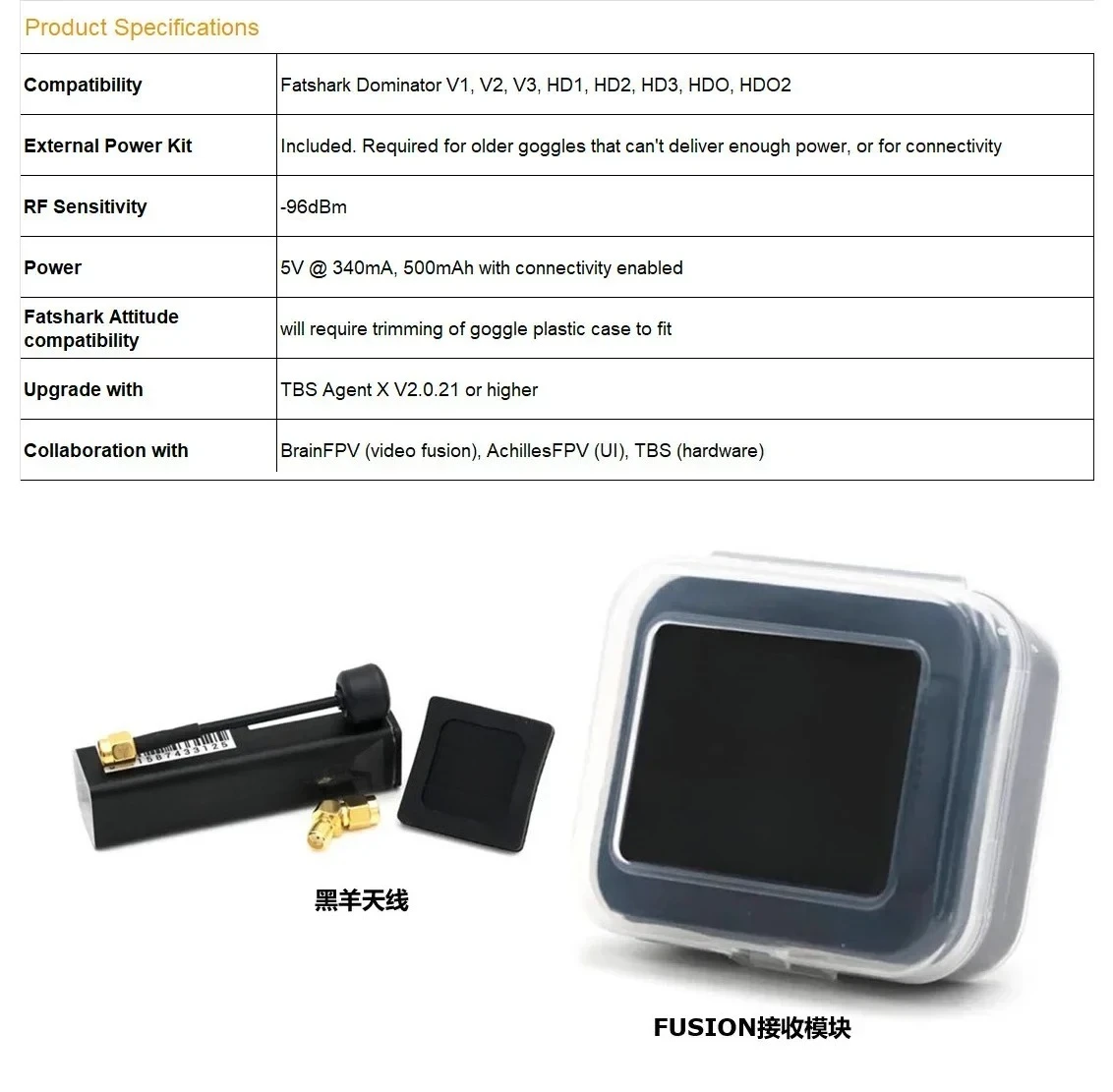Suitable for TBS FUSION 5.8G dual receiver module, interface/VAS antenna combination