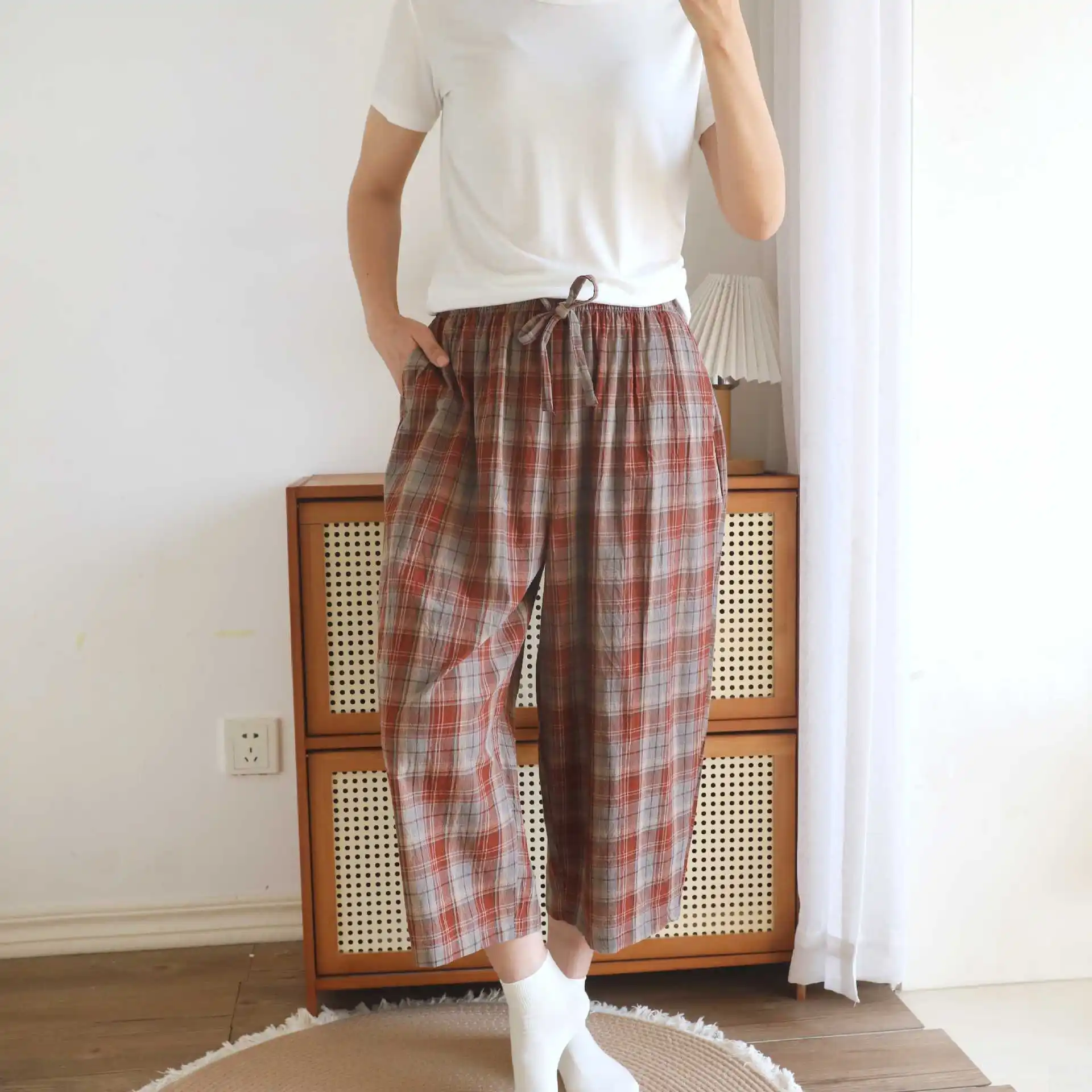 

Хлопковые женские пижамные брюки для дома, летние, новые, в клетку, тонкие, мягкие, для сна, с эластичным поясом