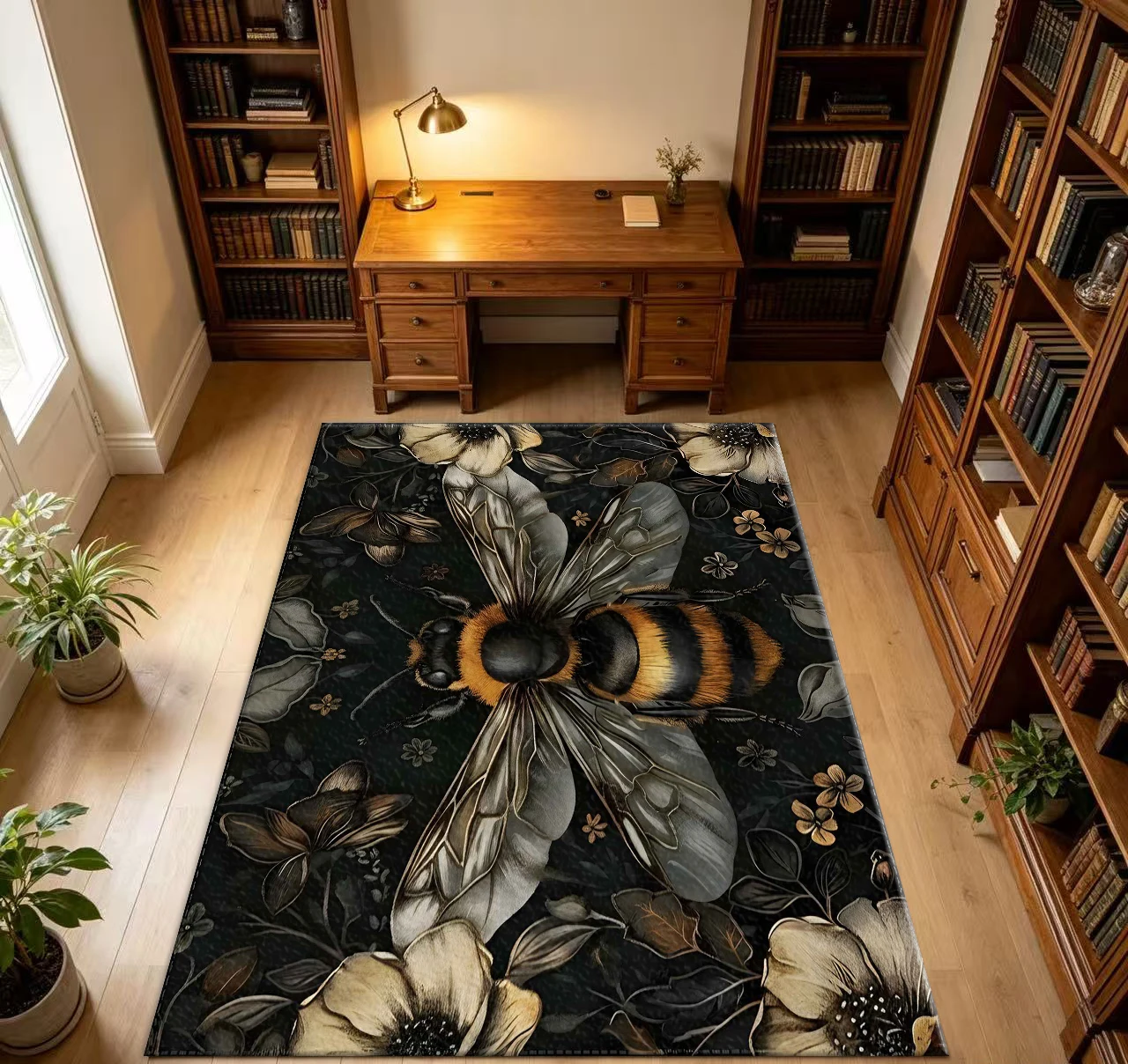 Vintage Bee Floral Pattern Dark Background Non-Slip Carpet Home Bedroom Floor Decor Mat