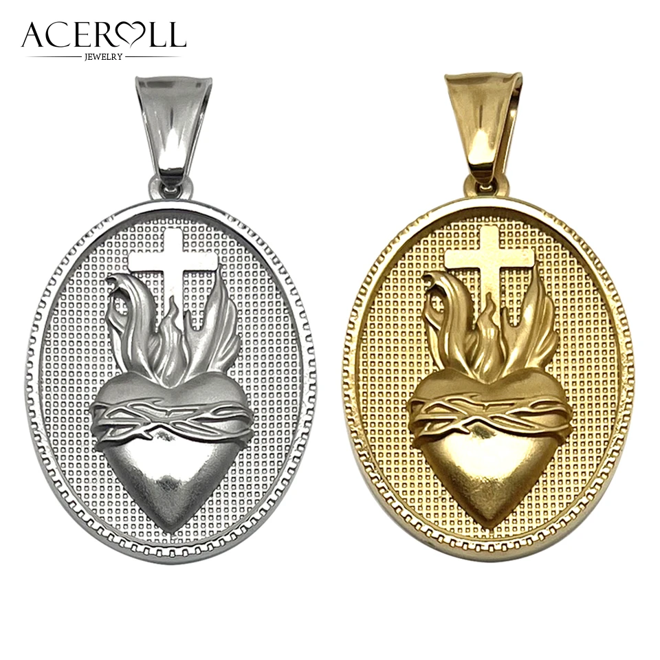 ACEROLL Stainless Steel Pendant of Holy Saint Medals, Sacred Heart of Jesus, Nail Pierced Through Hand of Jesus
