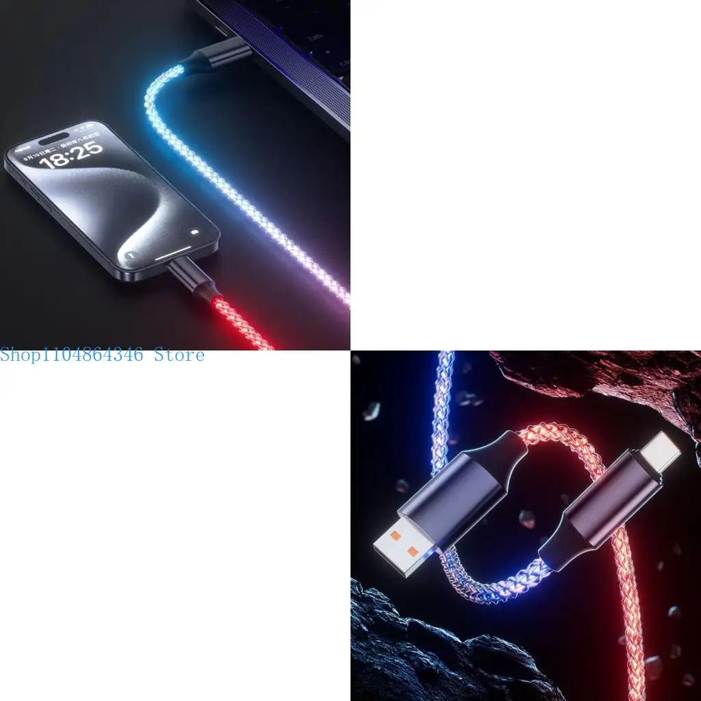 Super Speed 66W Type C Cable with Glowing Effect Braided Universal Charging Cord Color Changing Charges for Phone 16