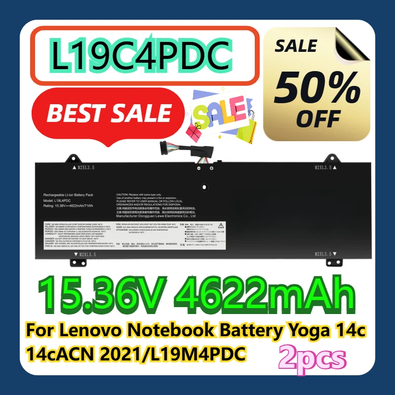 

For Lenovo L19C4PDC Notebook Battery Yoga 14c 14cACN 2021/L19M4PDC 15.36V 4622mAh 2pcs