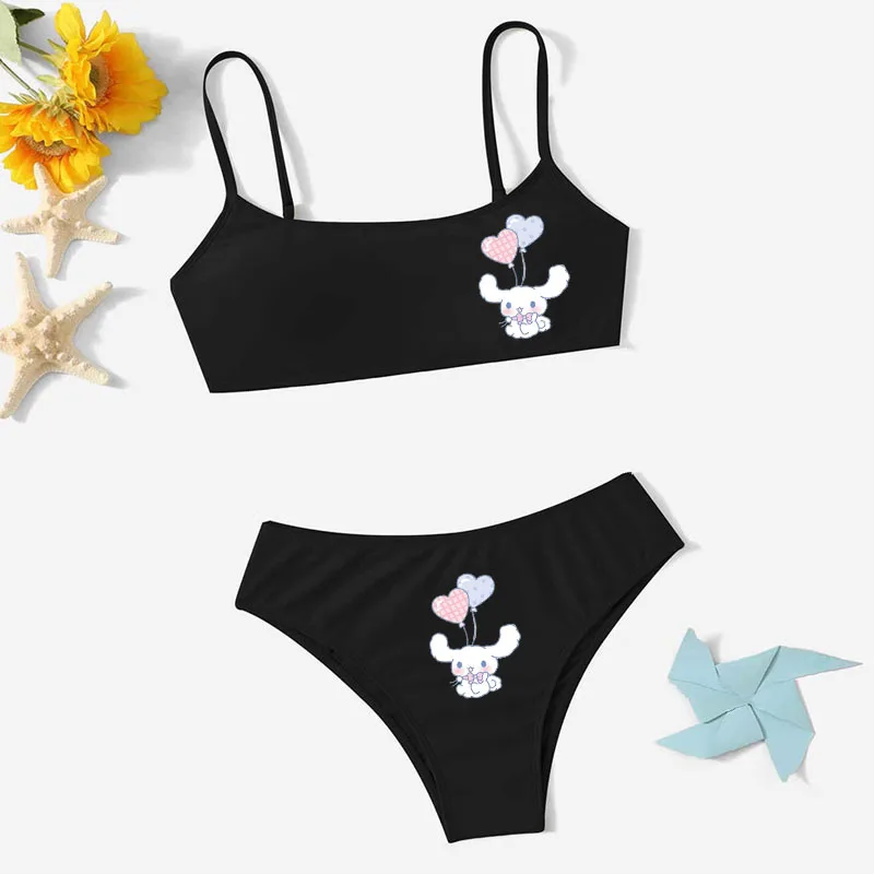 Maiô feminino Cinnamoroll Hello Kitty, Kuromi Beach Swimwear, Bikini manga curta, roupas de férias infantis, verão, 2pcs