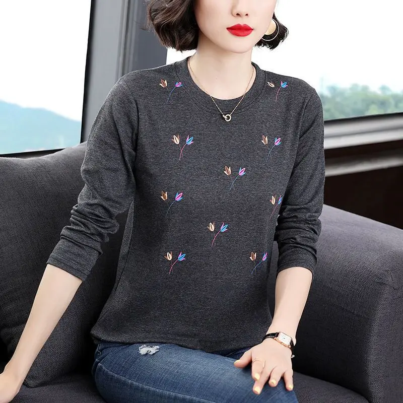 Women\'s Pure Cotton T-shirt 2023 Spring and Autumn New Fashion Solid Color Printed Long Sleeved Round Neck Loose Pullover Tops