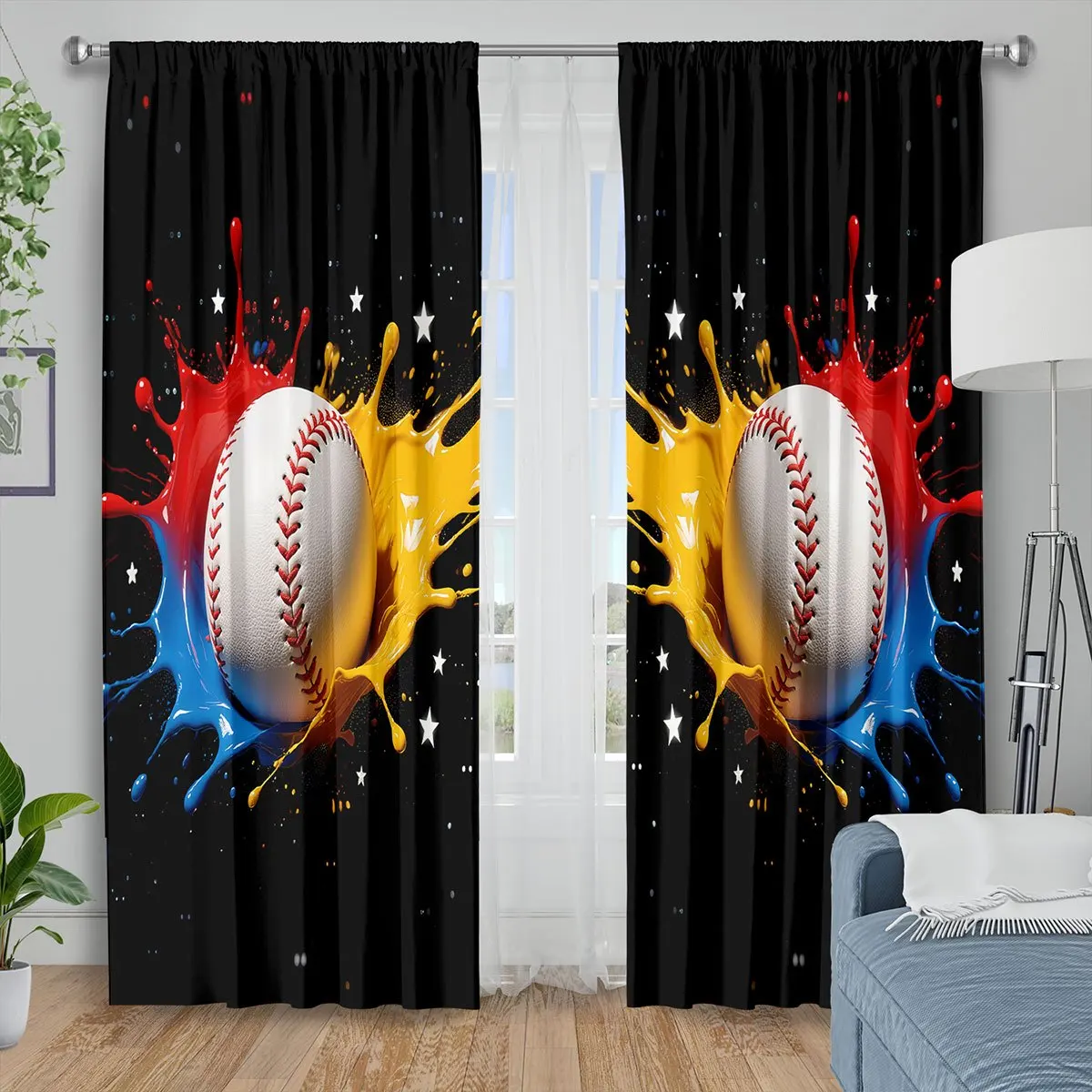 Baseball Curtains, Colorful Splash Art Print Blackout Drapes, Sports Theme Decor for Boys Bedroom Living Room Window Treatment
