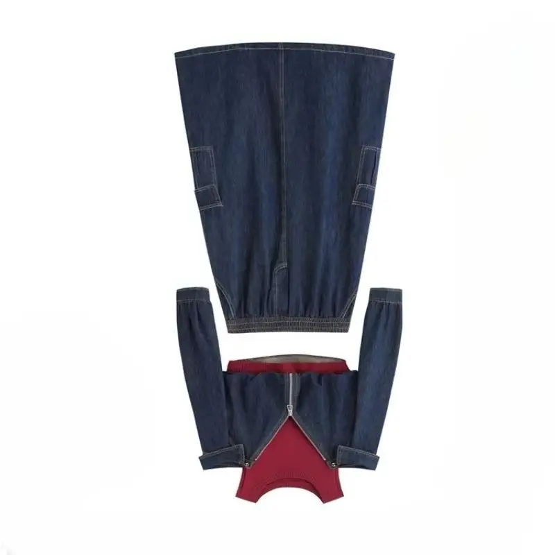 Women's Spring and Autumn Fashion Denim Suit New Design Sense Shoulder-spilled Knitted Splicing Denim Shirt Skirt Two-piece Set