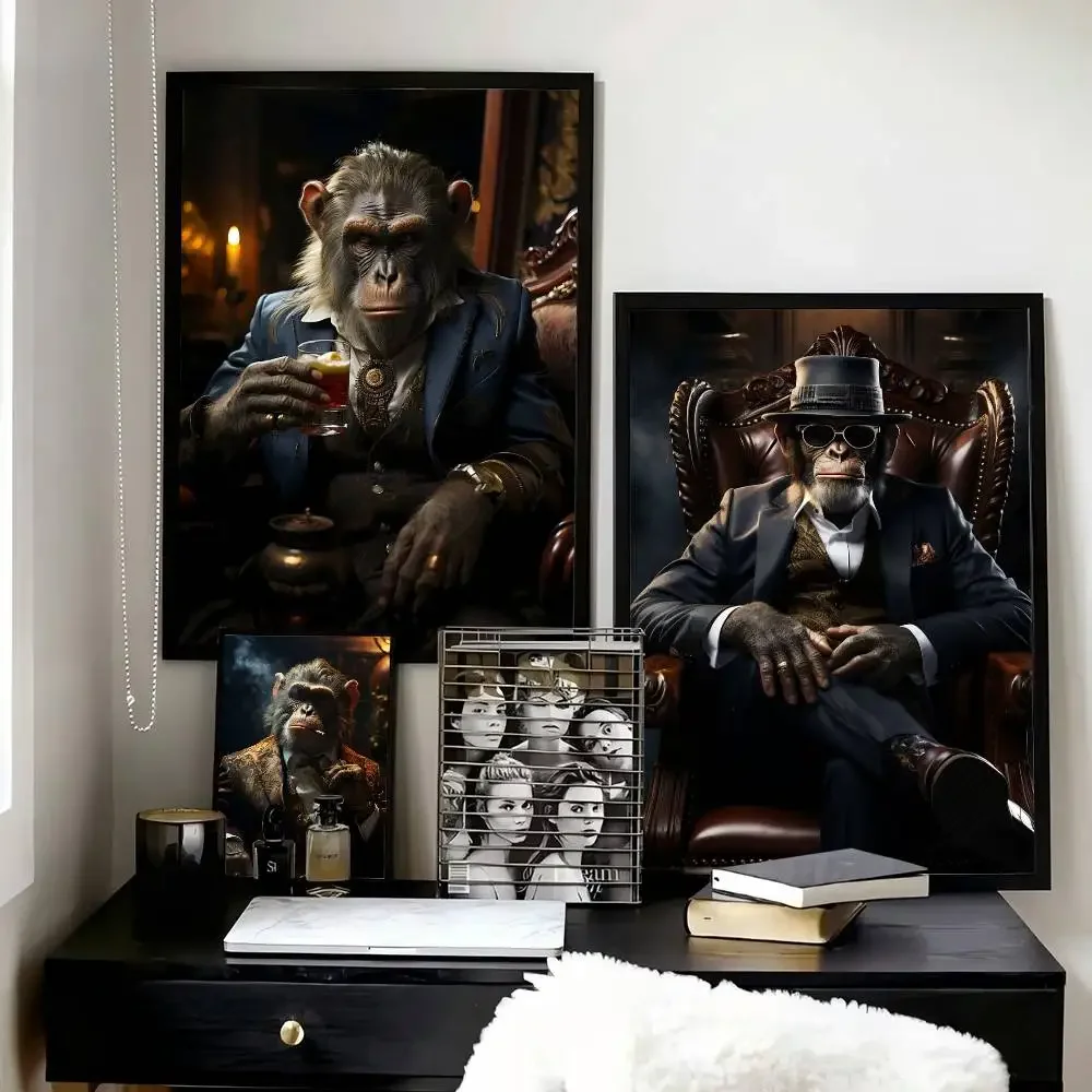 Vintage Gangster Billiards Animal Monkey Smoke Portrait  Posters Self-adhesive Wall Art Decorations Color Prints Sticky