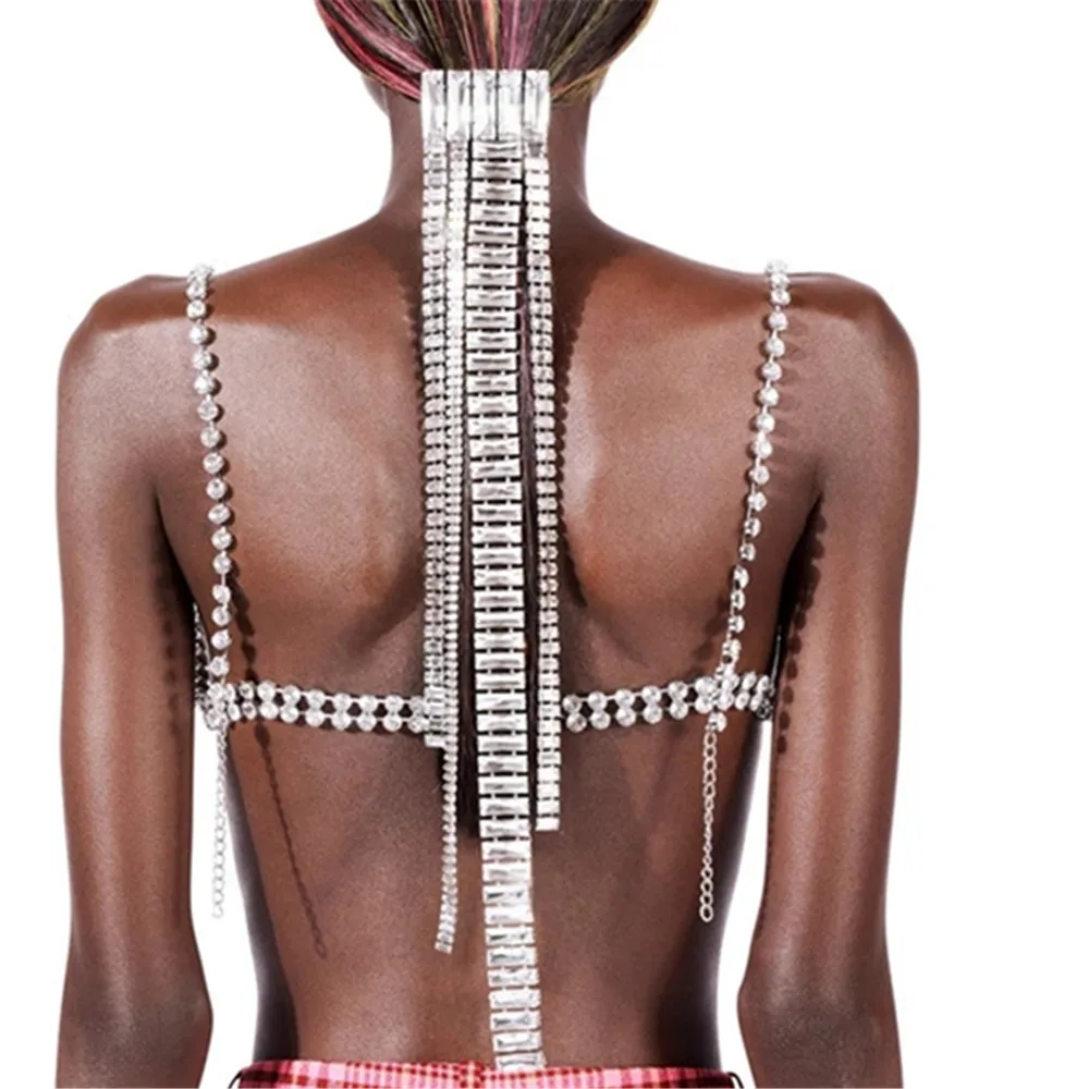 INS Novelly Crystal Long Tassel Ponytail Hair Comb Hair Chain Wedding Jewelry for Women Rhinestone Geometric Hairpins Head Chain