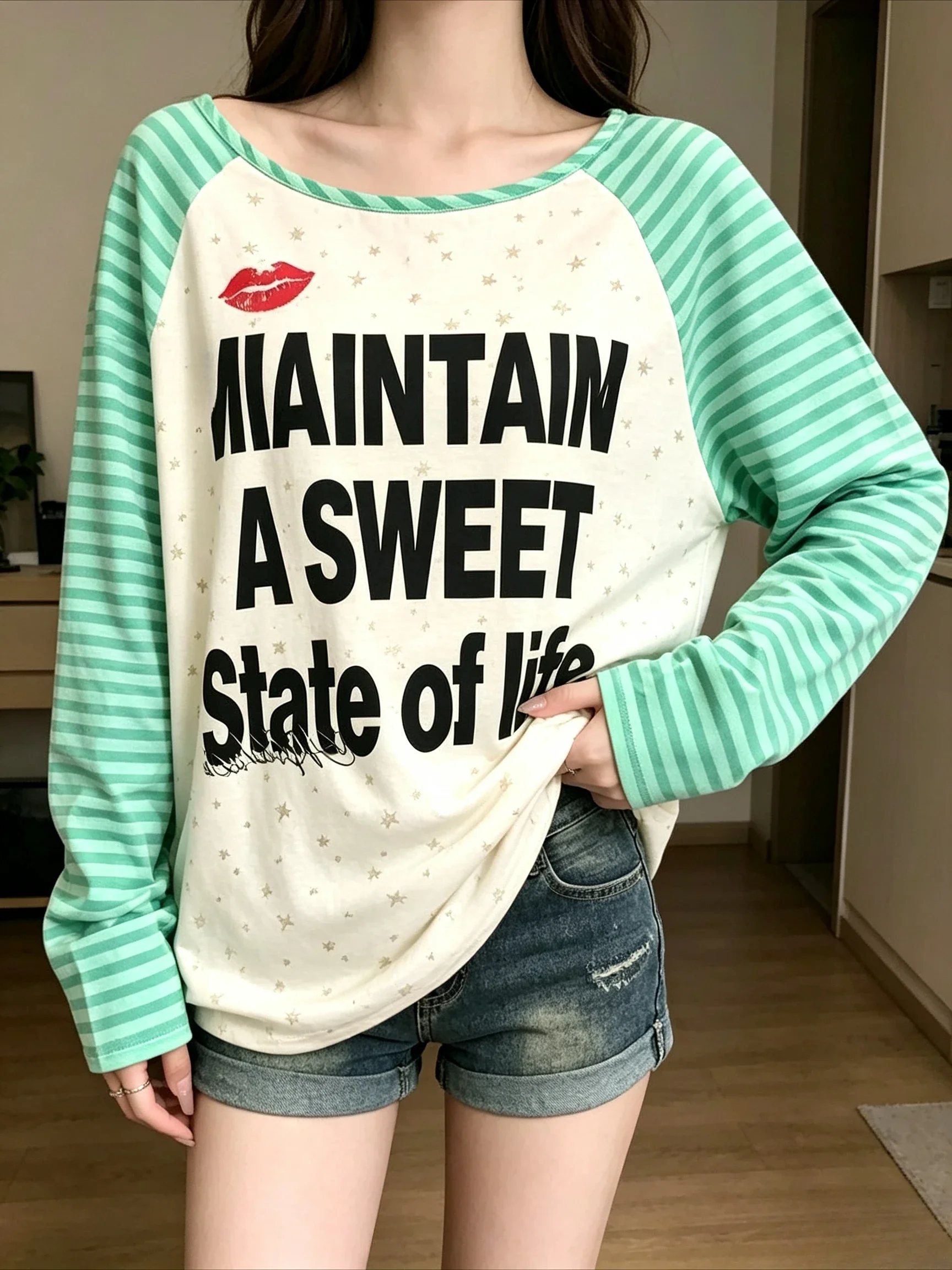 Men's and Women's Matching Long-Sleeved T-Shirt Green and White Stripes American Retro Shoulder-Pressed Sleeve Casual Shirt Y2k