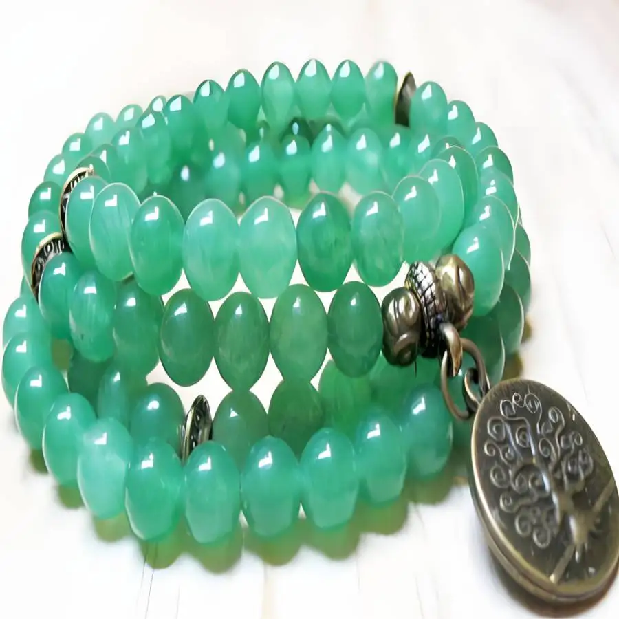

6mm Green Jade Gemstone Mala Bracelet pendant Meditation tassel Stone Chaplet Prayer Zen elastic Chakra Sacred Tibetan Buddha