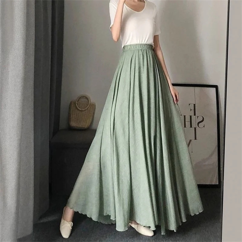 Literary Art Large Size Cotton Linen Skirts Women Spring Summer Elastic High Waist Skirts Double-layer Retro Ruffle Long Skirts