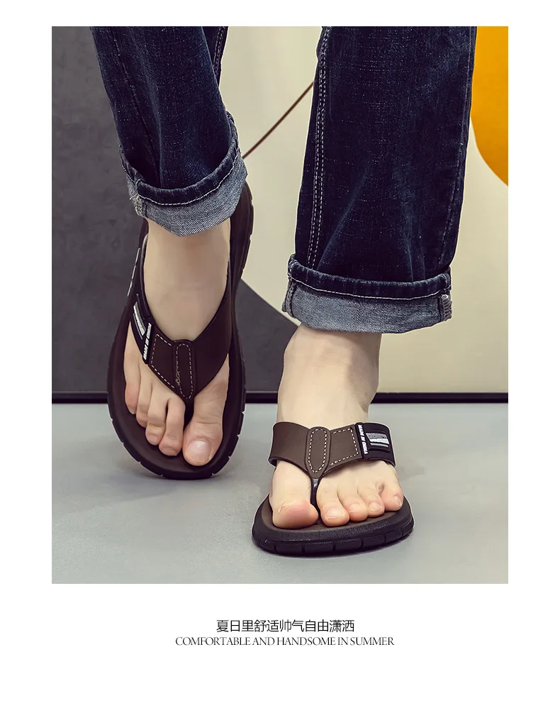 Herren-Leder-Flip-Flops, Sommer-Neuheit, rutschfest, dicke, weiche Sohle, verschleißfest, lässige Sandalen für Zuhause, draußen, Strand – Detail 19