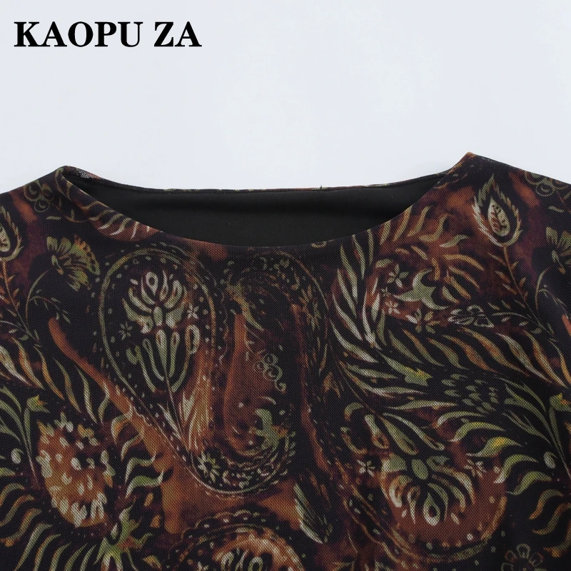 KAOPU ZA 2024 New Autumn Woman Casual Fashion O-Collar Long Sleeve Dress Mini Skirt Female Vintage Print Ruffles Ruched Dresses