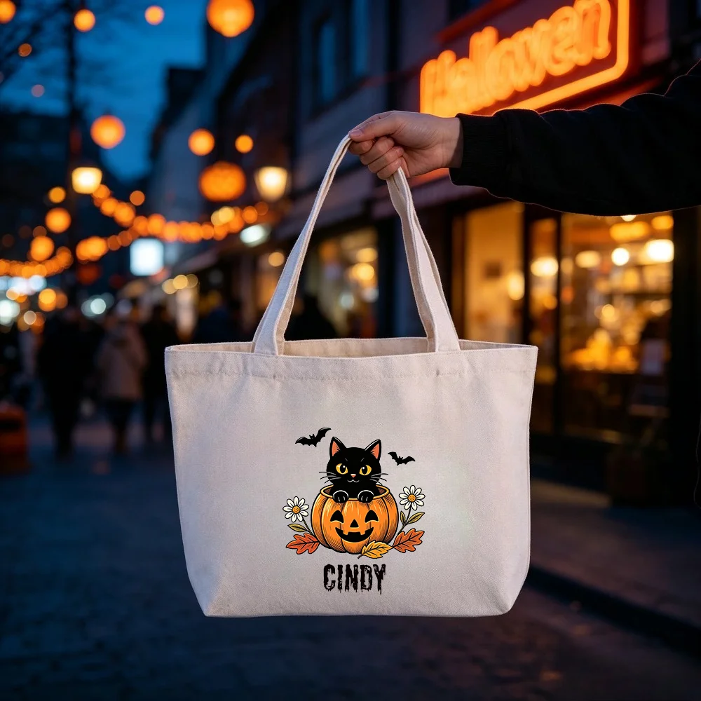 Custom Name Halloween Pumpkin Canvas Tote Bag, Cute Print Trick‑or‑Treat Candy Shoulder Bag Holiday Gift for Kids.
