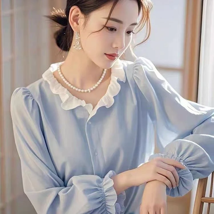 

Элегантная синяя рубашка с длинным рукавом в корейском стиле, новинка ранней осени, модный женский красивый топ, премиум-класс, очень стильный.