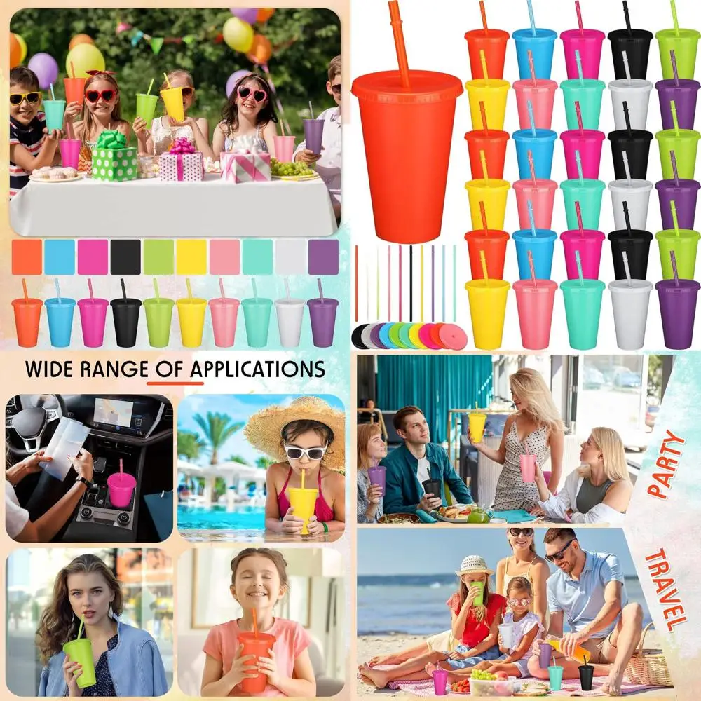 

16 oz Multicolor Reusable Plastic Cups with Lids and Straws for Holiday Parties and Gifts