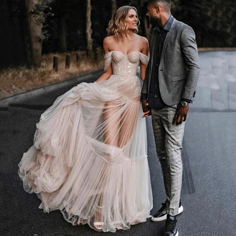 Arietta Champagne Tulle Beach Wedding Dresses Sweetheart Off the Shoulder A-Line Bride Dresses 2023 Illusion Boho Wedding Gowns