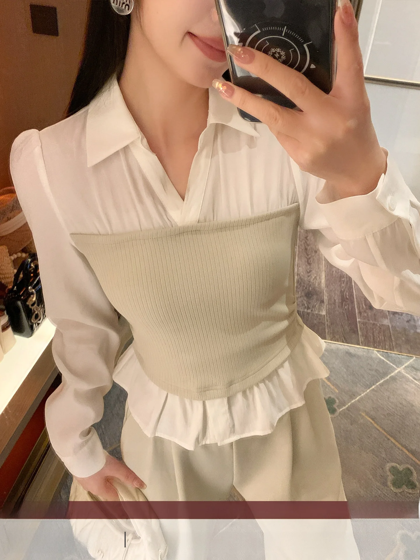 

Slim Fit Vintage Style Women's Shirt Patchwork Oversized Oxygen QingTi Spring 2026 Waist Cinched Layered Wear Polyester Blend