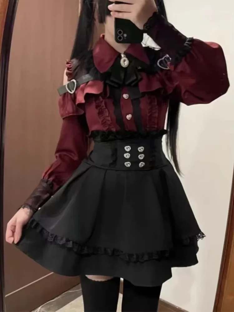 Japanese Y2 Aesthetics Vintage Bow Dress Shorts Set Women Gothic Lolita Style Long Sleeve Shirt Dress Elegant Party Dress Suits