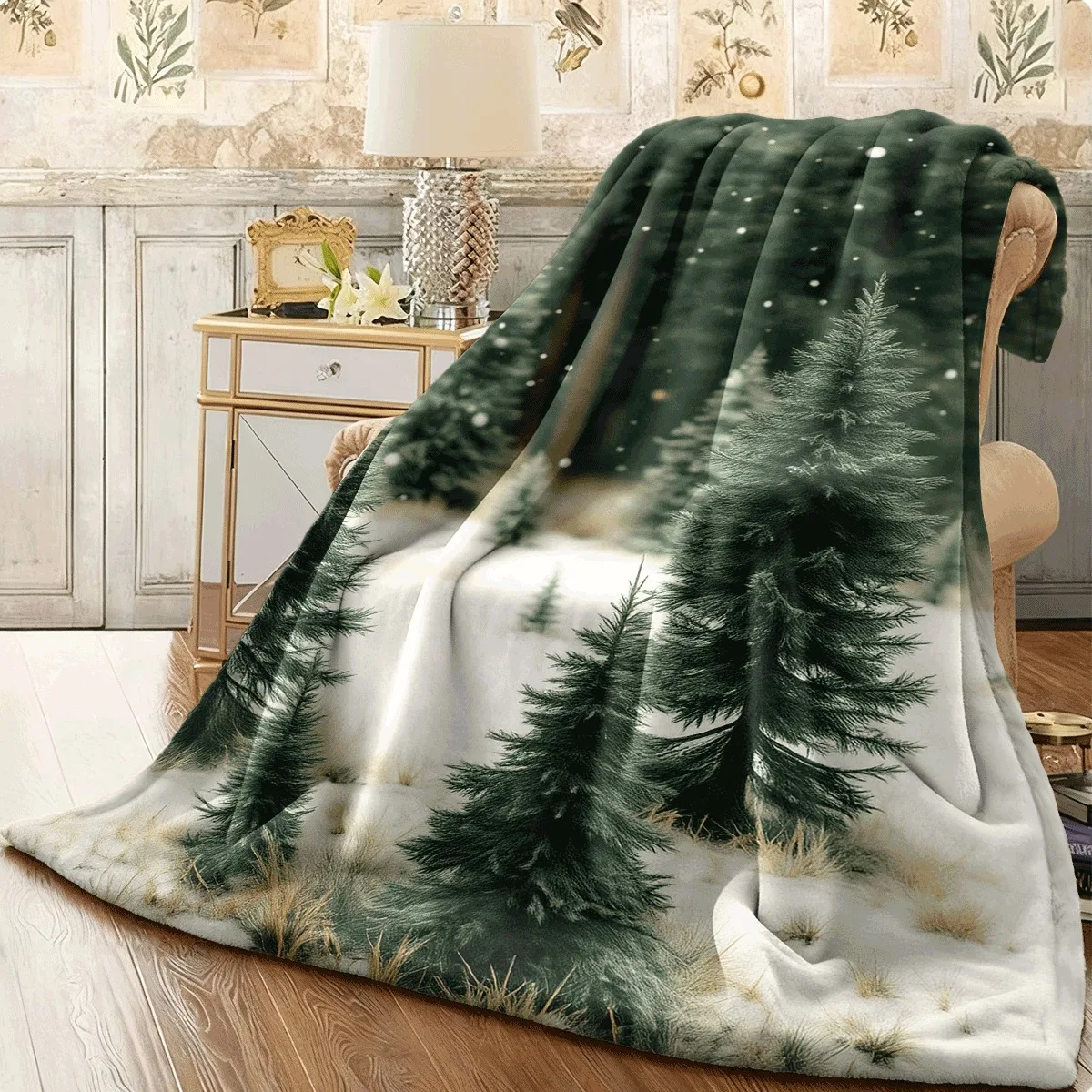 Lightweight Flannel Blanket Natural Green Winter Pine Forest Snowfall Landscape Print Design Warm Portable Throw Home Accessory