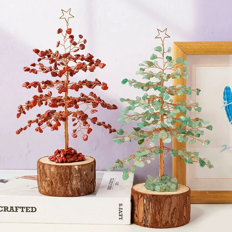 1PC Natural Aventurine Crystal Lucky Money Christmas Tree With Wooden Base Mini Gemstone Feng Shui Figurine Home Office Desk