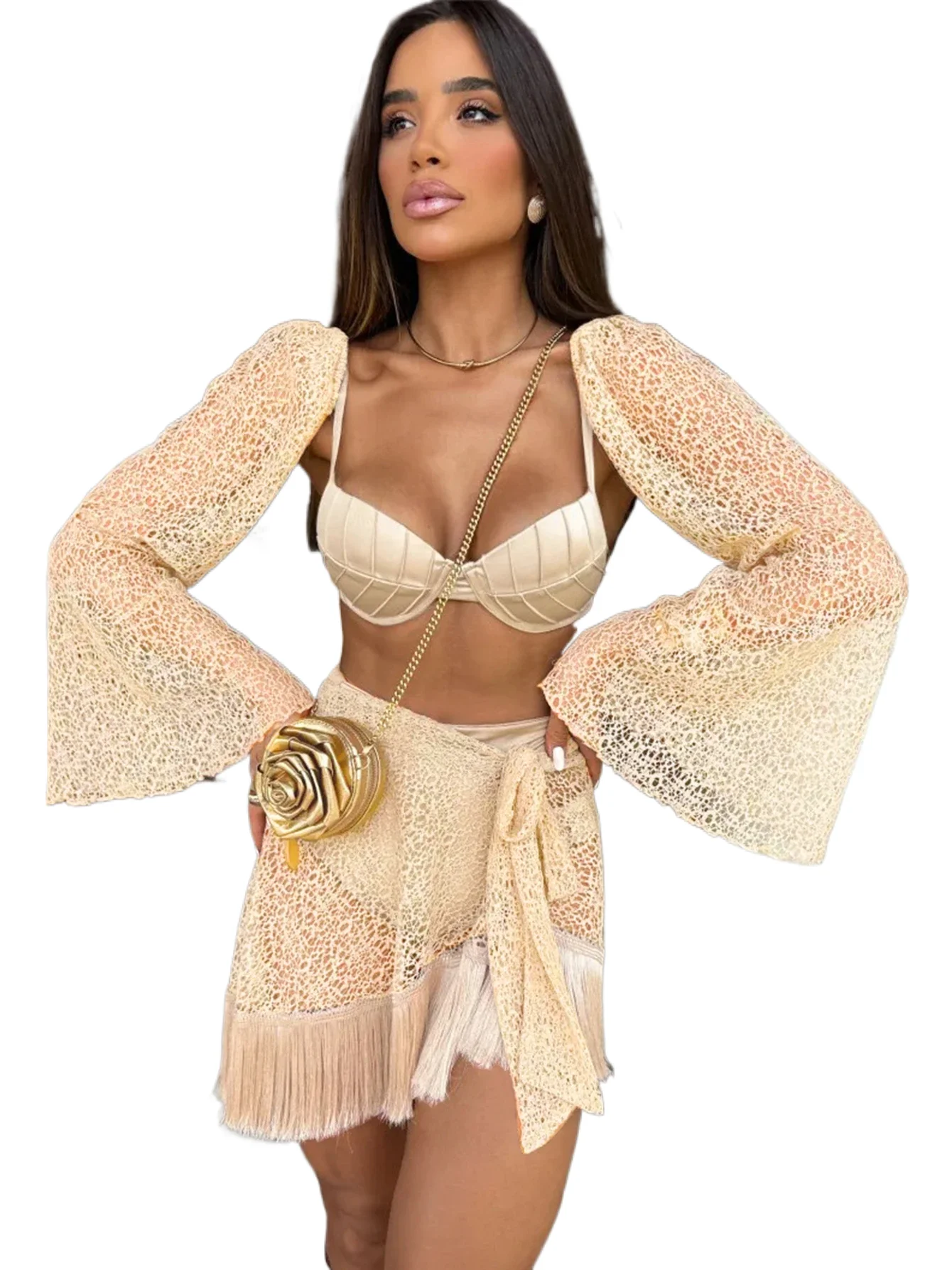 

Sexy Tassel Skirt Women Long Sleeve Tassel Mini Skirt Suit 3 Piece Set Bathing Suit Beach Vacation Casual Female Summer