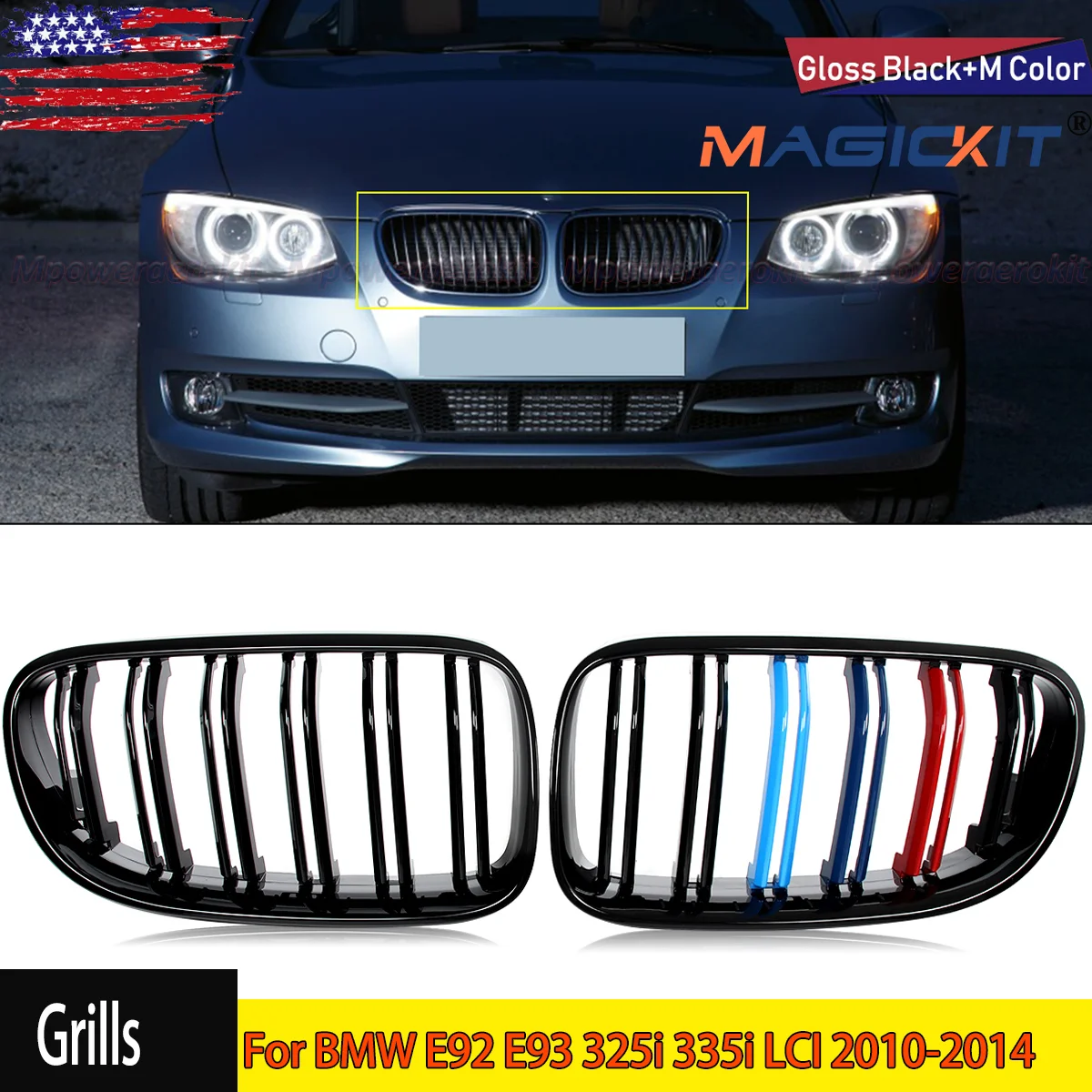 

Glossy Black M-Color Front Kidney Grille For BMW E92 E93 325i 335i LCI 2010-2014