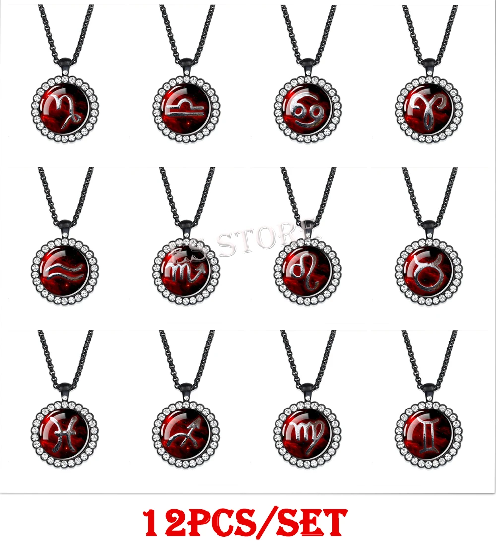 12 Pcs/set Constellation Necklaces 25MM Round Rhinestone Base Complete set of 12 Constellation Long Chains Four Colors