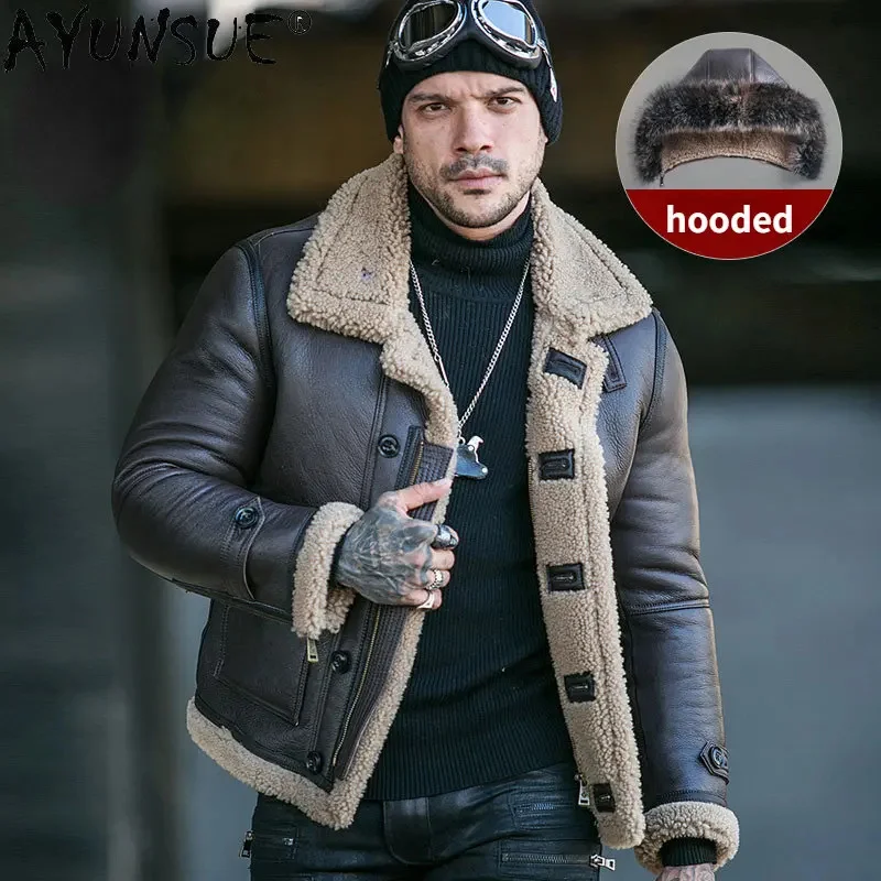 

AYUNSUE Natural Fur Coat Winter Jackets for Men Warm Brown Leather Jacket Real Sheepskin Coats Hooded Manteau Homme Hiver SG