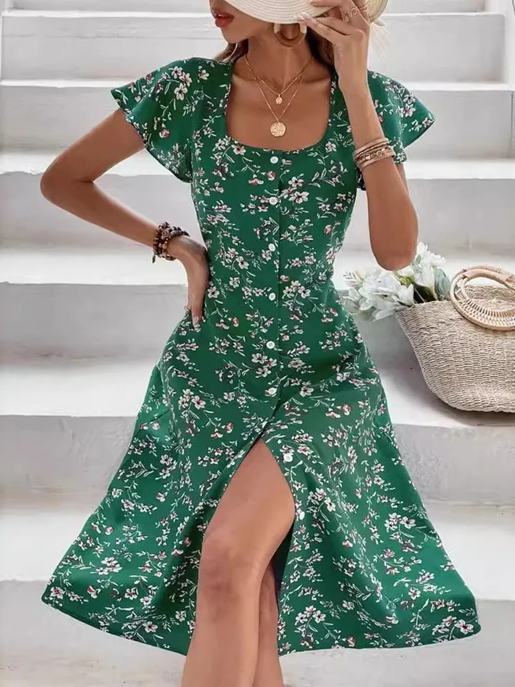 Moda floral impressão manga curta botões midi vestidos de verão elegante feminino pescoço quadrado único breasted camisas vestidos femme robe