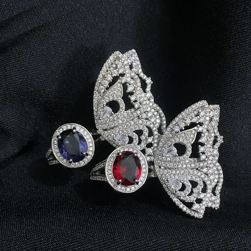 

MDL Moissanit1 Style Light Luxury Big Butterfly Ring New Changing Blue Amethyst Adjustable Niche Vintage Goddess Garnet Red Ring