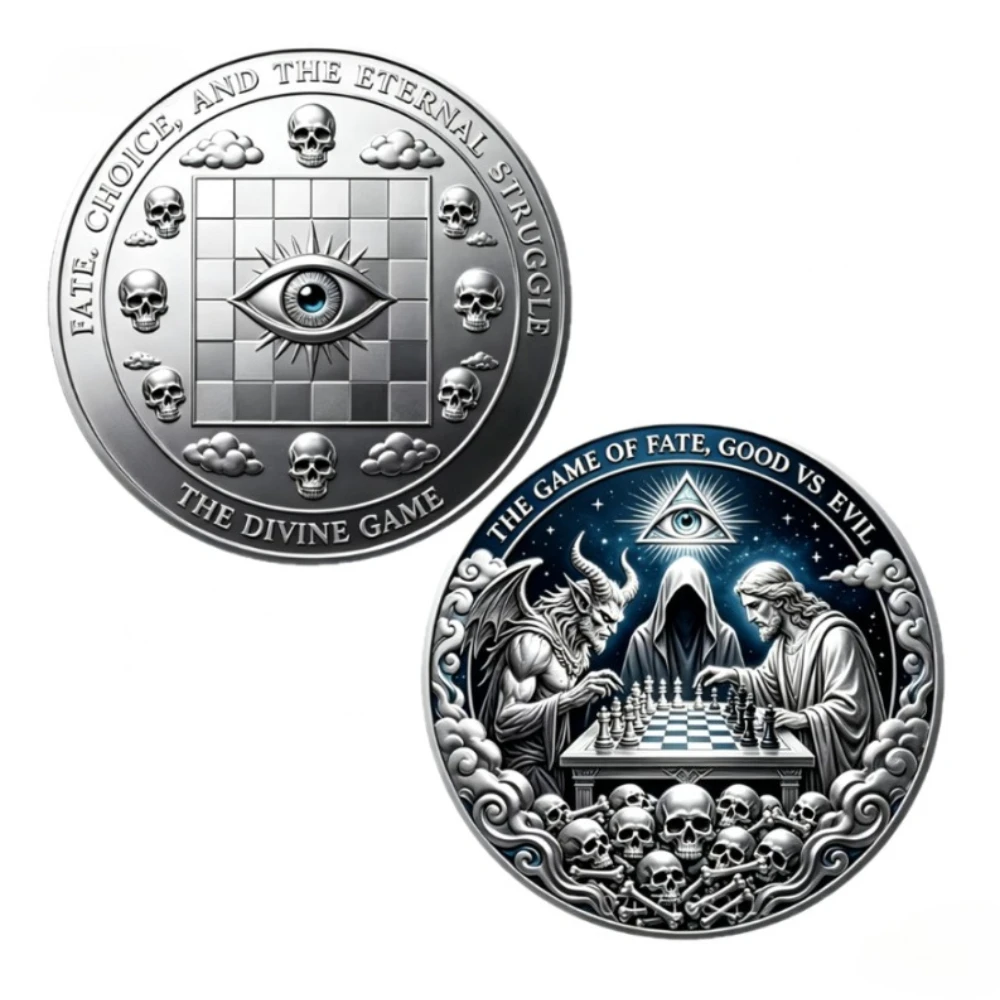 Good Vs Evil Game of Fate Silvery Plated Souvenir Coin All Seeing Eye Skull Chess Divine Gothic Satan Jesus Collectible Coin view 6