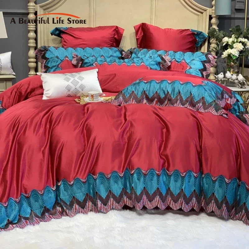 Luxury Red 1000TC Egyptian Cotton European Wedding Lace Bedding Set Soft Duvet Cover Bed Sheet Or Bedspread Pillowcases 4/7Pcs