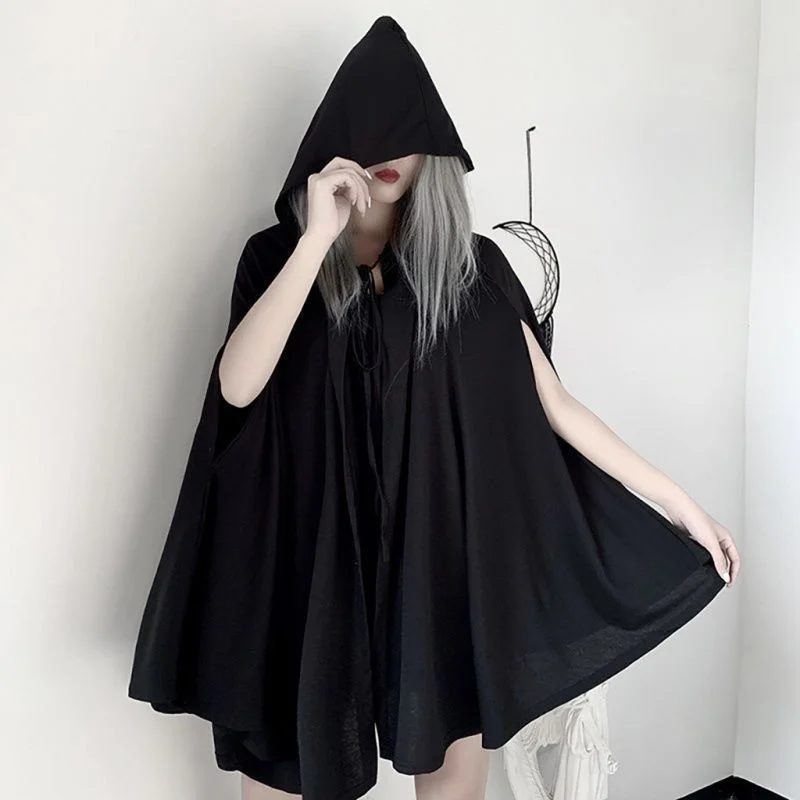 2022 medieval Halloween dark black sleeveless punk style hooded cape with split and leaky hands, lace up black shawl