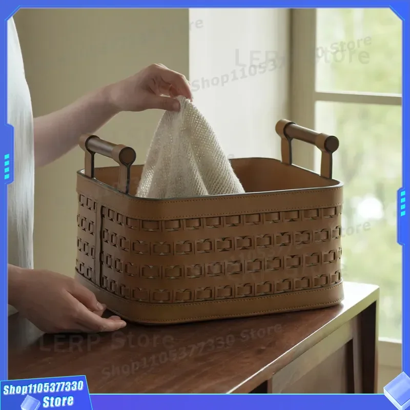 Light Luxury Handwoven Leather Storage Basket with Handle for Living Room Home Organization Sundries Bucket Decorative