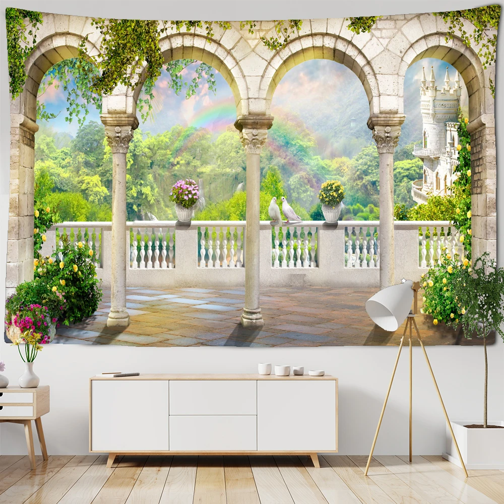 Viewing Platform Tapestry Wall Hang Ancient Rome Middle Ages Column Mountain Forest Castle River City Tapestry Background Cloth