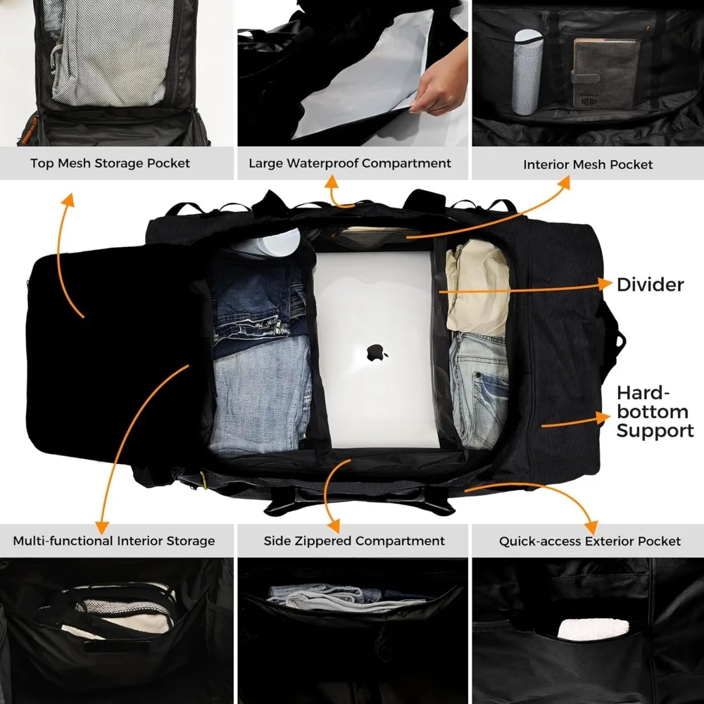 حقيبة من القماش الخشن مقاومة للماء ذات تحميل ثقيل 110 لتر/120 لتر - تصميم بدون أكياس وعجلات وأشرطة كتف وفواصل للسفر #4