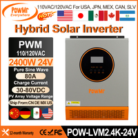 PowMr 2.4KW PWM Hybrid Solar Inverter 24V to 110VAC/120VAC Pure Sine Wave 80A Solar Charger Controller For Solar Panel 30-80VDC