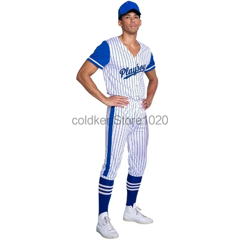 New Adult Striped Sports Baseball Costume Set for Men Women Halloween Blue Striped Cheerleader Cosplay Uniform Suit Cheerleading view 5