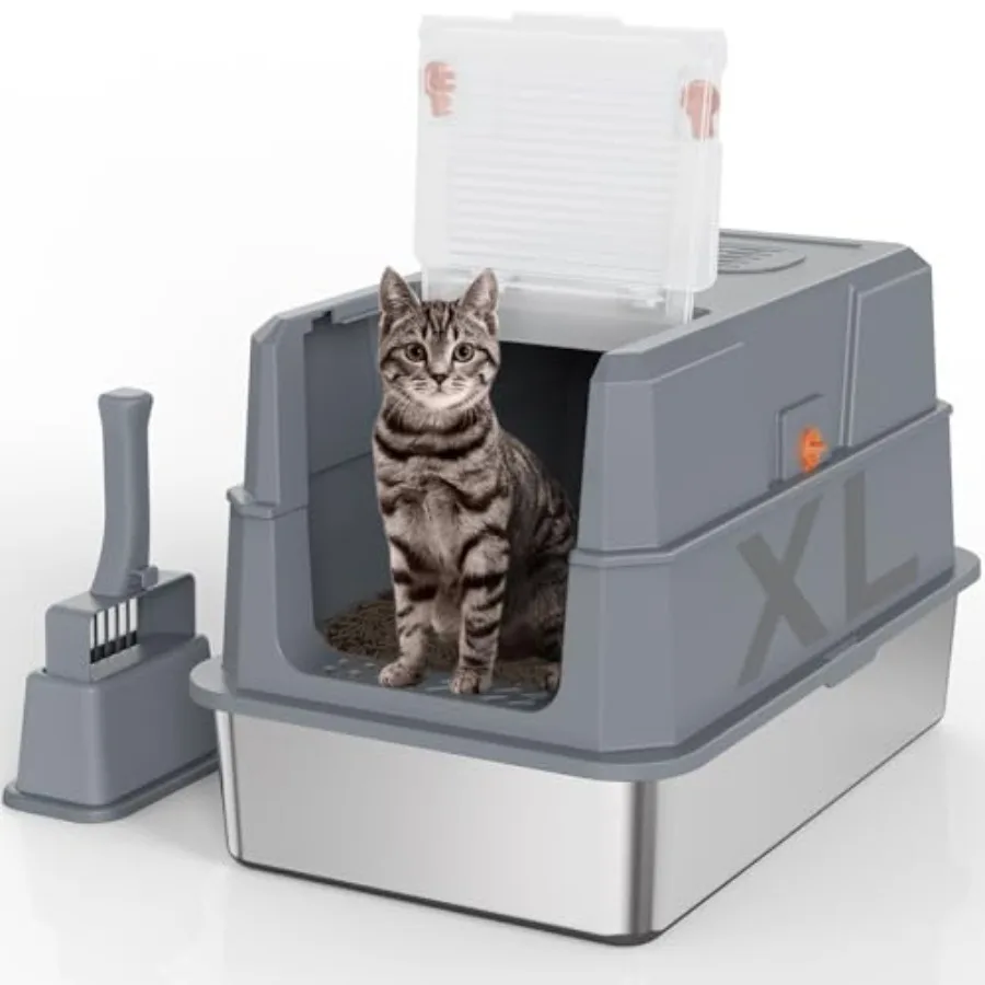 

Stainless Steel Cat Litter Box with 180°Flip-Top Lid, Easy Clean XL Enclosed Litter Box, Large Covered Steel Cat Box with Scoop
