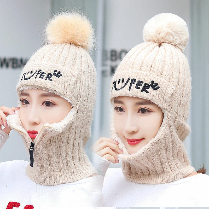 Women Winter Knitted Hat with Zipper, Fleece Lined Windproof Beanie for Motorcycle Riding, Korean Style Warm Hat