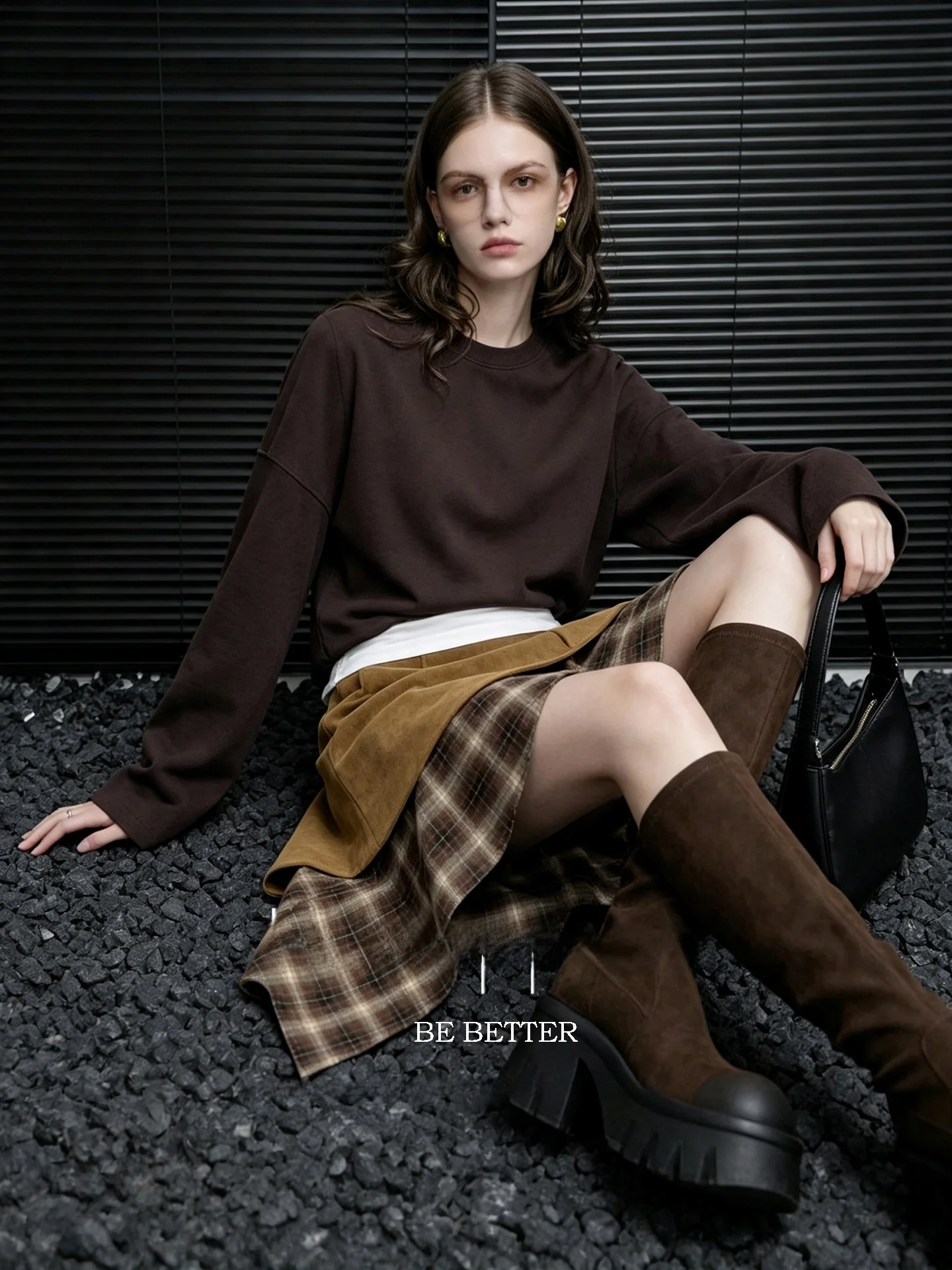 Huaappuw Plaid High Waist Removable Asymmetric Midi Skirt French Style Splicing Design Women's Daily Wear Tour Commute