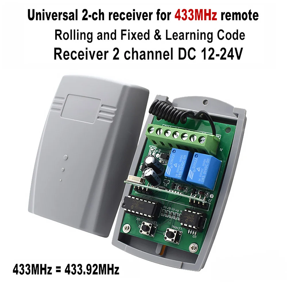 1-10Pcs Universal 2CH Gate Garage Door Remote Control Receiver DC12-24V 433MHZ Fixed Rolling Code Receiver Remote Control Switch