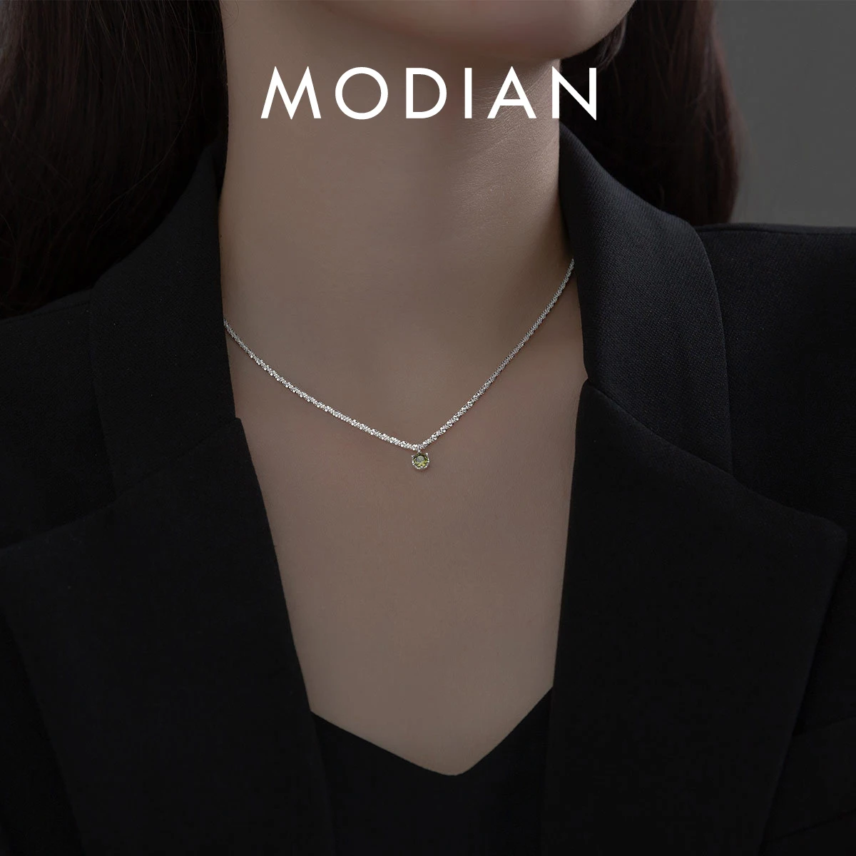 

MODIAN Genuine 100% 925 Sterling Silver Sparkling Olive Green CZ Choker Necklace Pendant Chain For Women Wedding Fine Jewelry