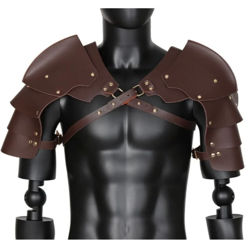 Medieval Shoulder Pauldron Adjustable Black Buckle Steampunk PU Leather Shoulder Armors Cover Cape Live Show DJ Club Men Costume