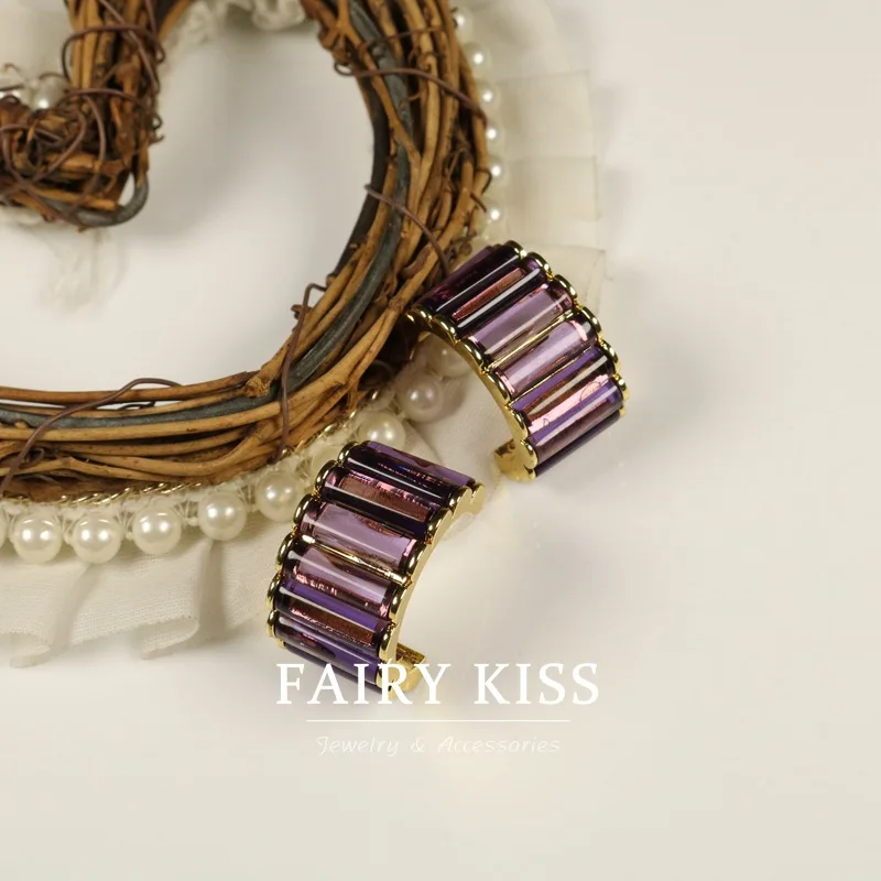 Exquisite C-shaped stud earrings purple simple earrings  women's jewelry S925 silver needle