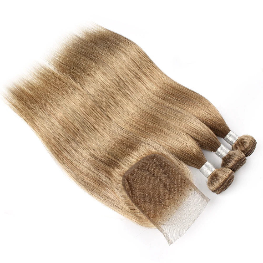 Ash Blonde Color Human Hair 3 Bundles With 4x4 Lace Closure Straight Indian Remy Hair Extension Double Wefts 95g/PC Full End