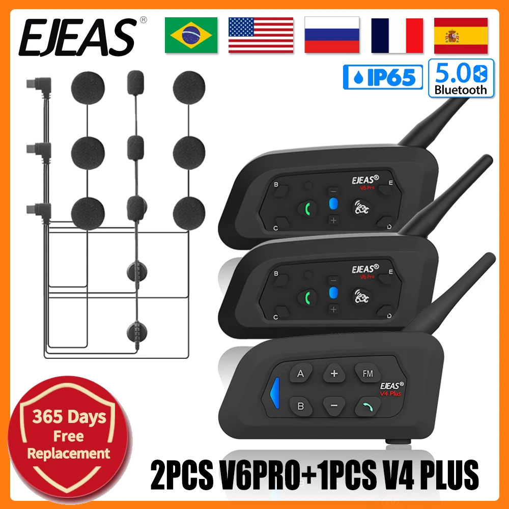 2PCS EJEAS V6PRO+V4 PLUS Motorcycle Intercom Helmet Bluetooth Headset 3 Riders Talking at the Same Time Communicator Waterproof