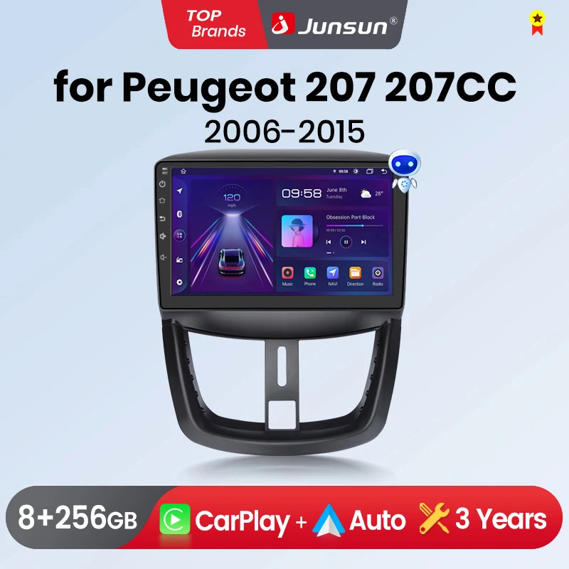 Junsun-Autoradio CarPlay pour KIT, Système Intelligent de Voiture, Caméra, RDS, BT, DSP, 2Din, Android Auto, 207, 207CC, 2006-2015, 360