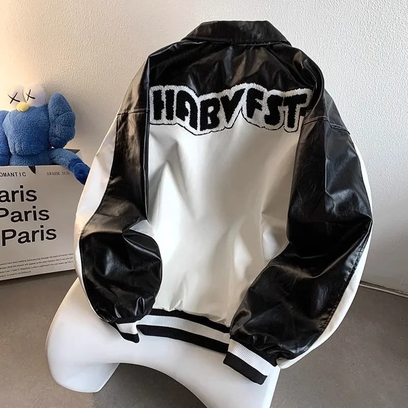 Retro Embroidered Patchwork Baseball Jacket Unisex Oversize Outdoor Style Sports Motorcycle PU Leather Coat Youth Fashion